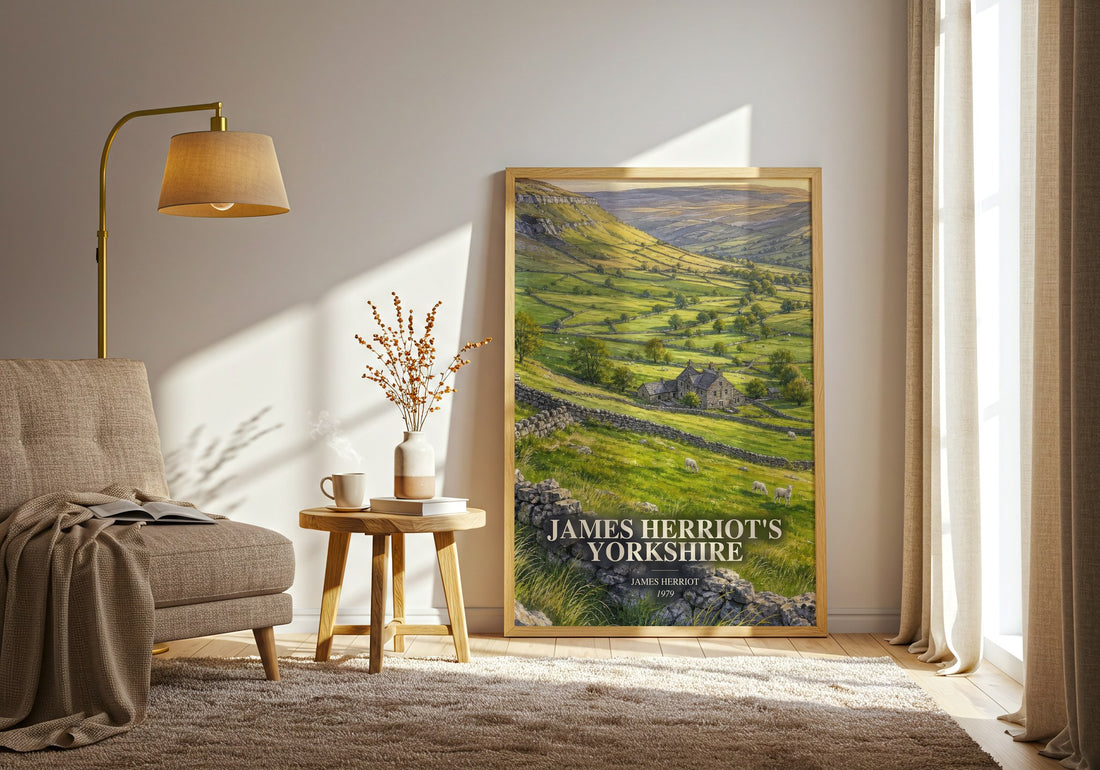 James Herriot'S Yorkshire watercolour print in frame leaning in hallway – memoir wall art (mockup)