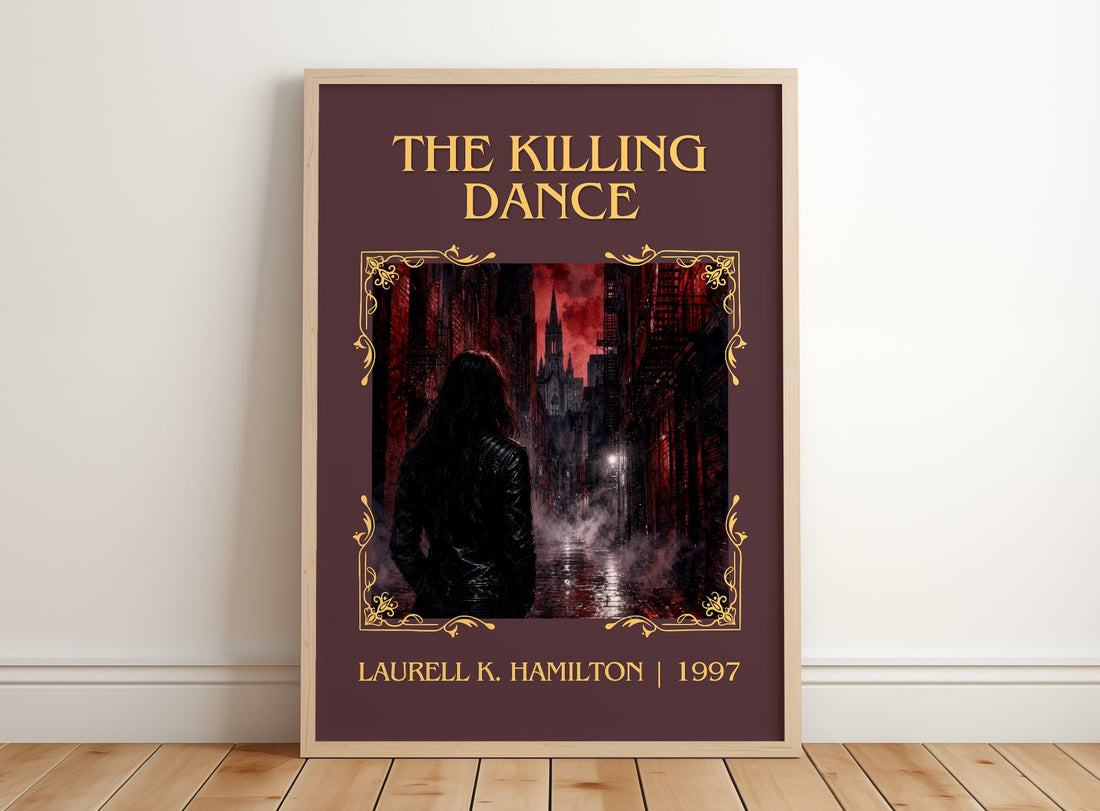 The Killing Dance Classic Book Art Print by Laurell K. Hamilton – framed print leaning on a wooden floor