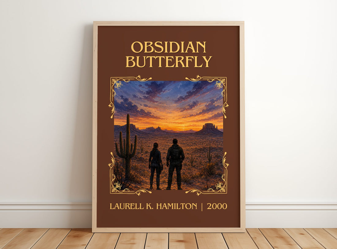 Obsidian Butterfly Classic Book Art Print by Laurell K. Hamilton – framed print leaning on a wooden floor