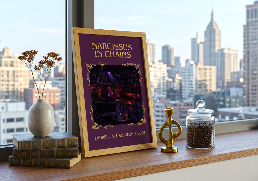 Narcissus in Chains Classic Book Art Print by Laurell K. Hamilton – framed print on a city-view windowsill