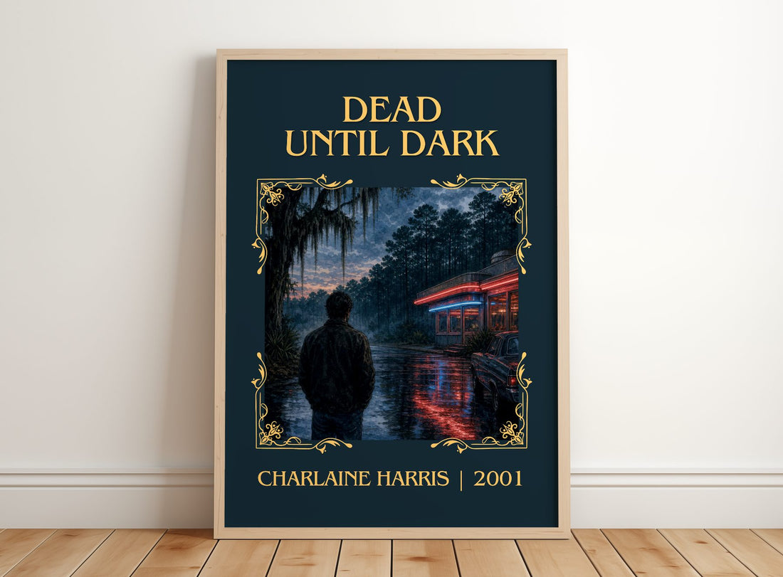 Dead Until Dark Classic Book Art Print by Charlaine Harris – framed print leaning on a wooden floor