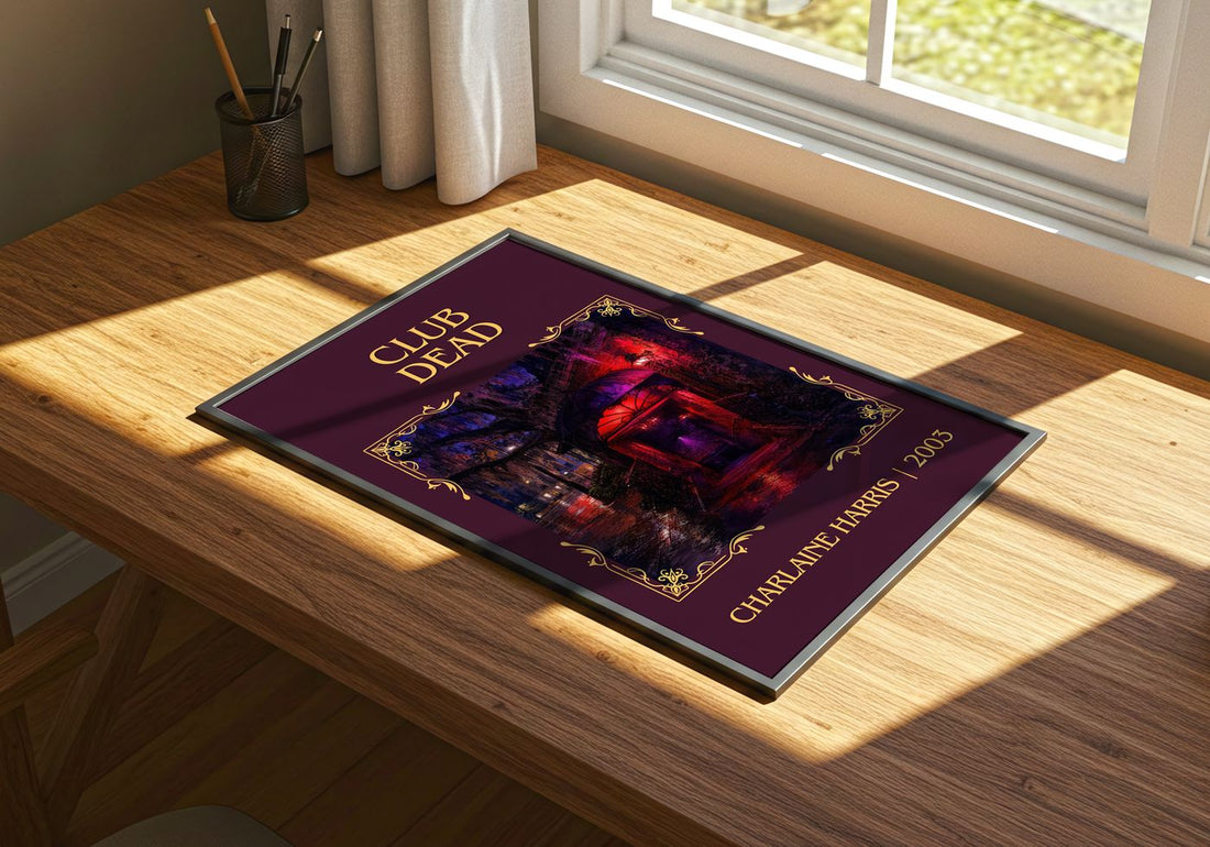 Club Dead Classic Book Art Print by Charlaine Harris – print on a sunlit desk