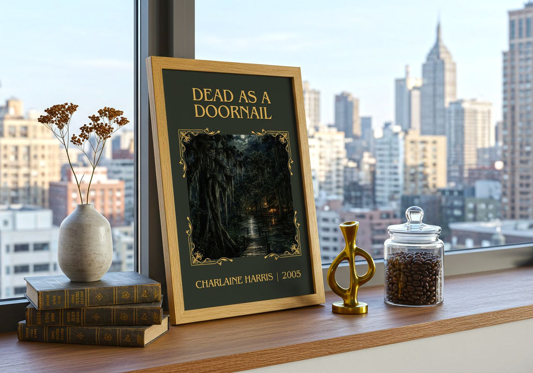 Dead as a Doornail Classic Book Art Print by Charlaine Harris – framed print on a city-view windowsill