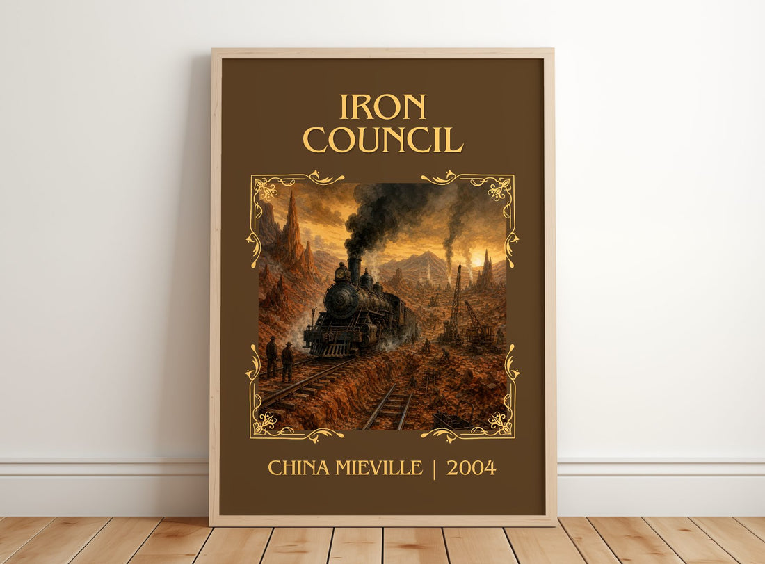 Iron Council Classic Book Art Print by China Miéville – framed print leaning on a wooden floor