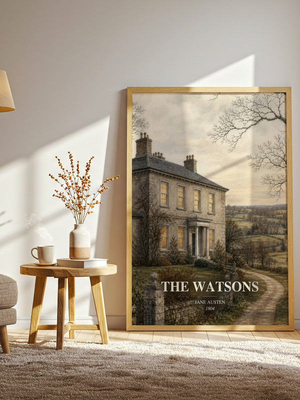 The Watsons watercolour print in frame leaning in hallway – classic literature wall art