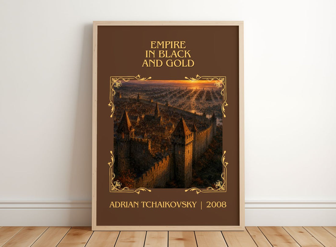 Empire in Black and Gold Classic Book Art Print by Adrian Tchaikovsky – framed print leaning on a wooden floor