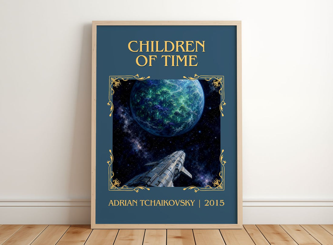 Children of Time Classic Book Art Print by Adrian Tchaikovsky – framed print leaning on a wooden floor