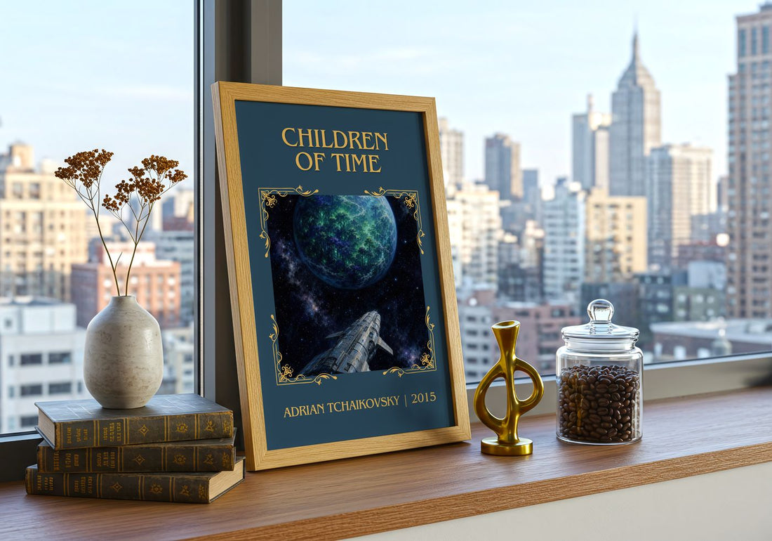Children of Time Classic Book Art Print by Adrian Tchaikovsky – framed print on a city-view windowsill
