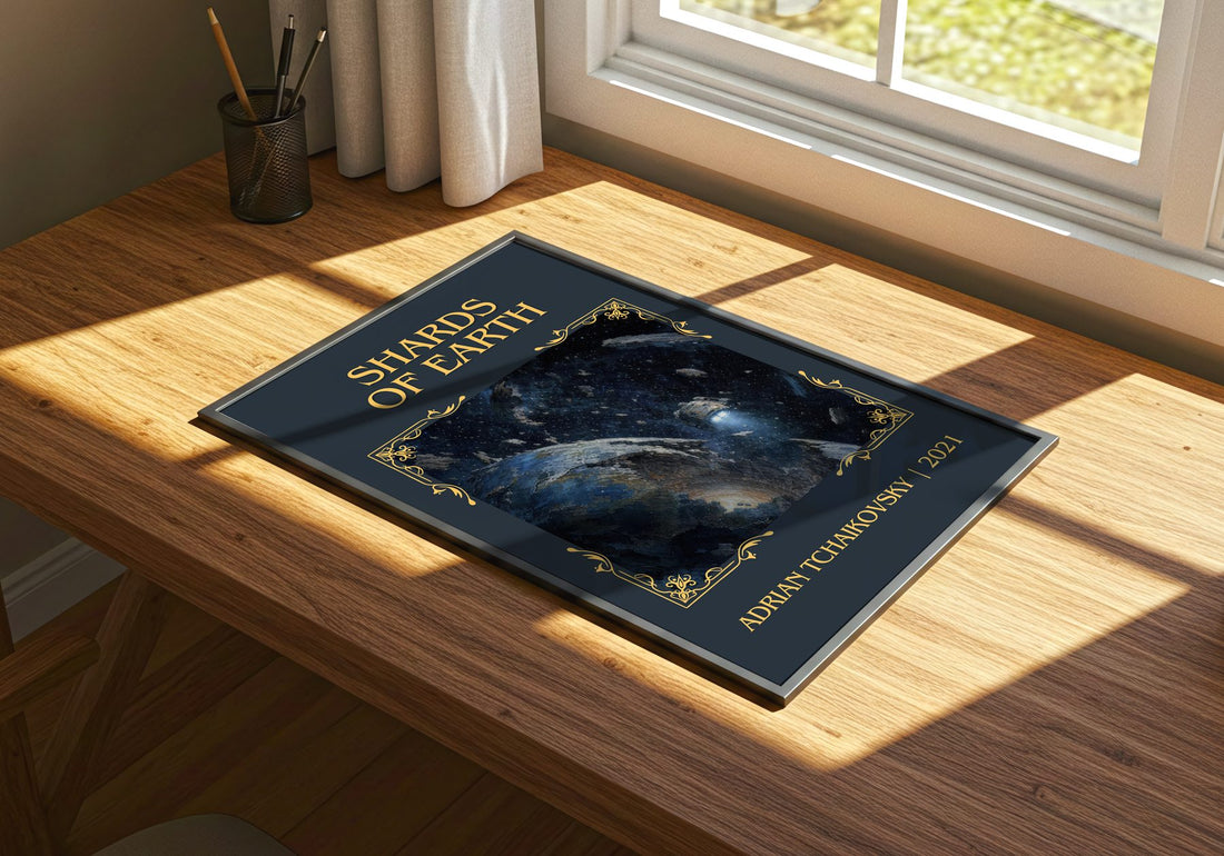Shards of Earth Classic Book Art Print by Adrian Tchaikovsky – print on a sunlit desk