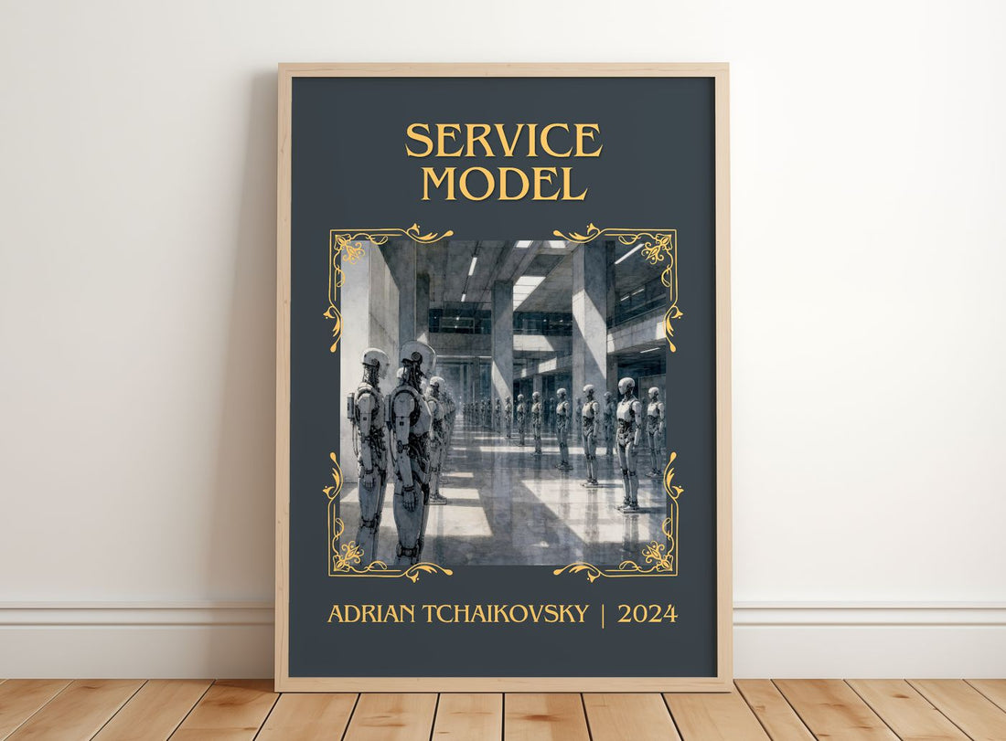 Service Model Classic Book Art Print by Adrian Tchaikovsky – framed print leaning on a wooden floor