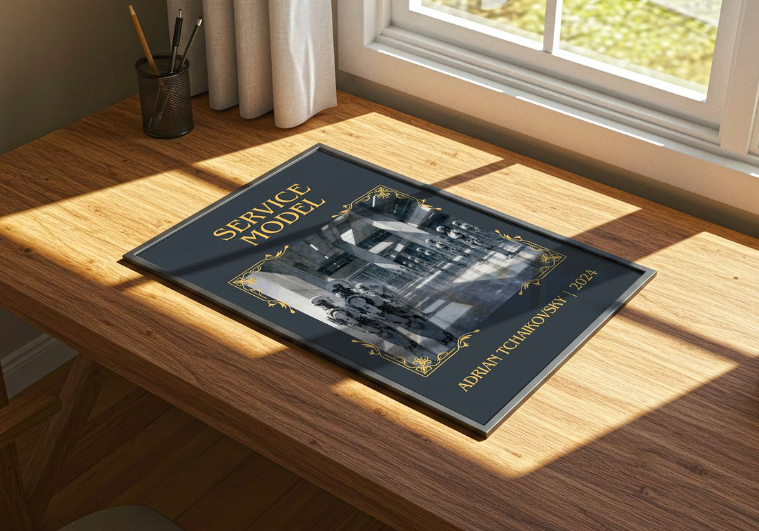 Service Model Classic Book Art Print by Adrian Tchaikovsky – print on a sunlit desk