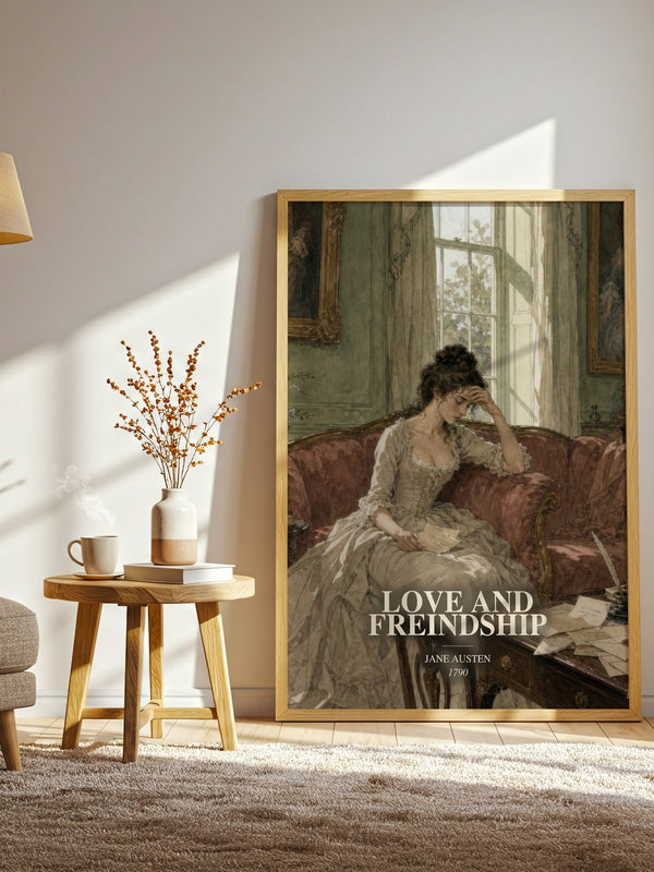 Love And Freindship watercolour print in frame leaning in hallway – classic literature wall art