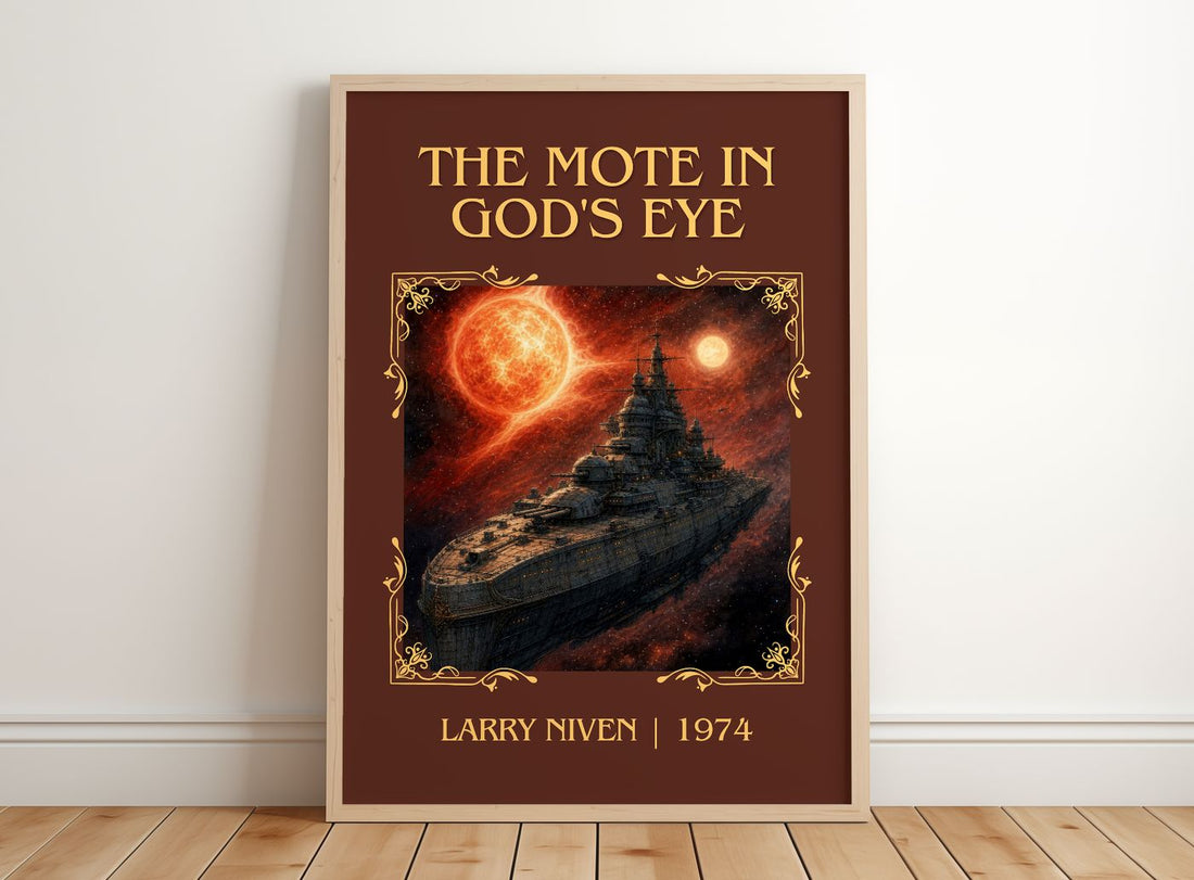 The Mote in God's Eye Classic Book Art Print by Larry Niven – framed print leaning on a wooden floor