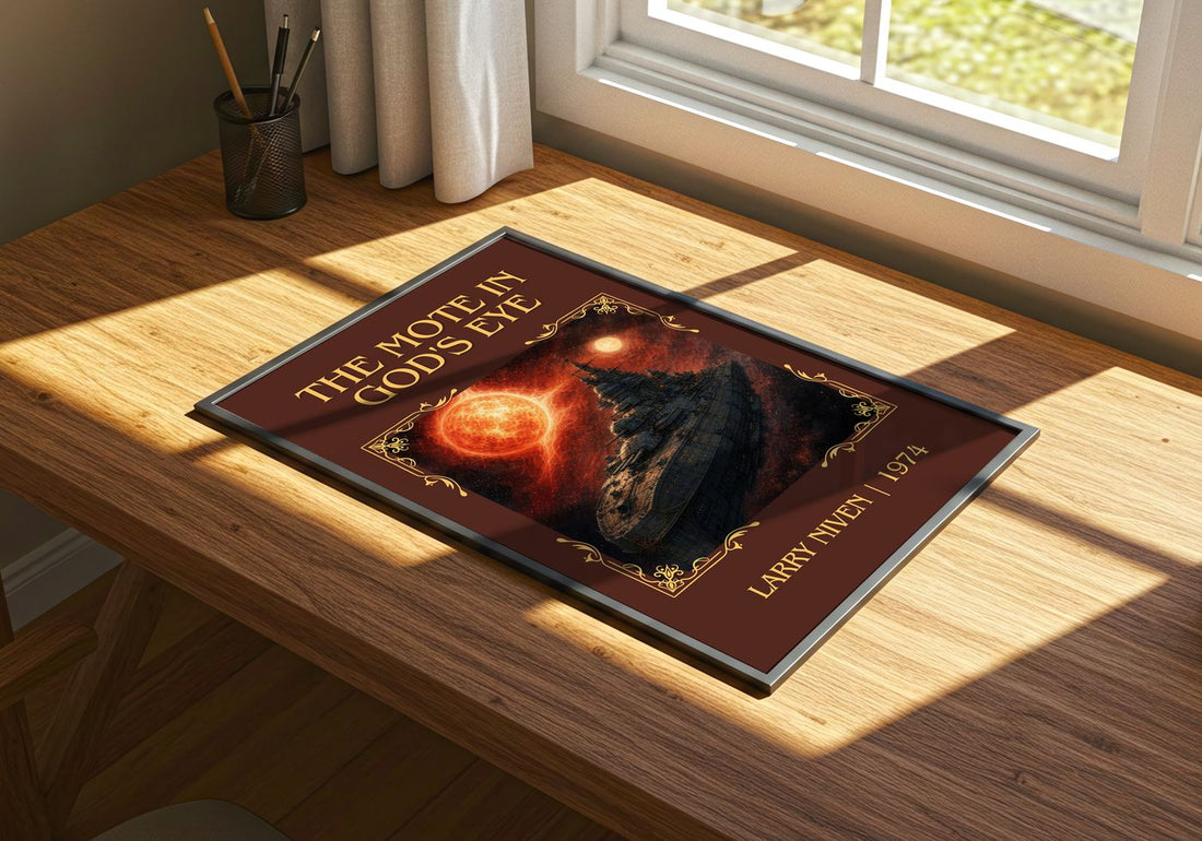 The Mote in God's Eye Classic Book Art Print by Larry Niven – print on a sunlit desk