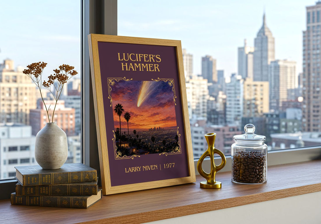 Lucifer's Hammer Classic Book Art Print by Larry Niven – framed print on a city-view windowsill