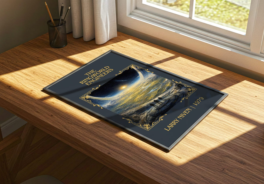 The Ringworld Engineers Classic Book Art Print by Larry Niven – print on a sunlit desk