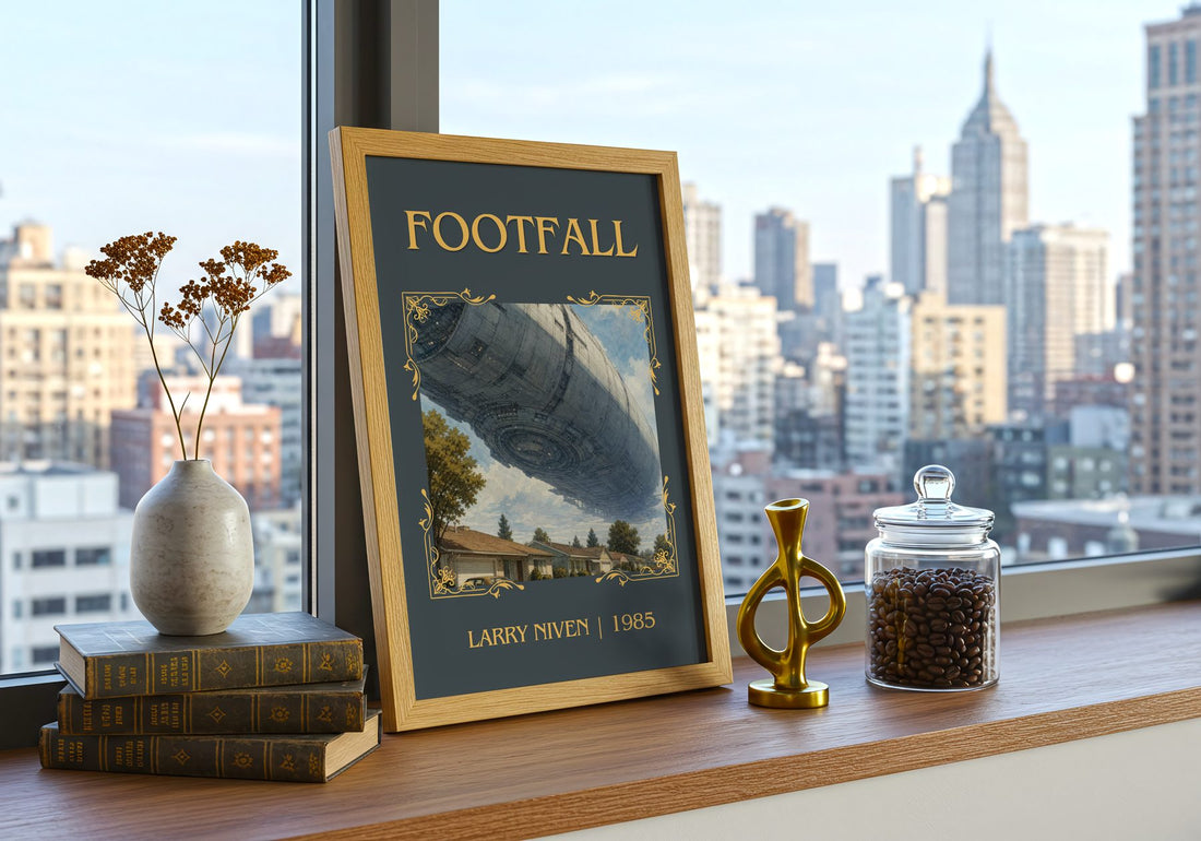 Footfall Classic Book Art Print by Larry Niven – framed print on a city-view windowsill