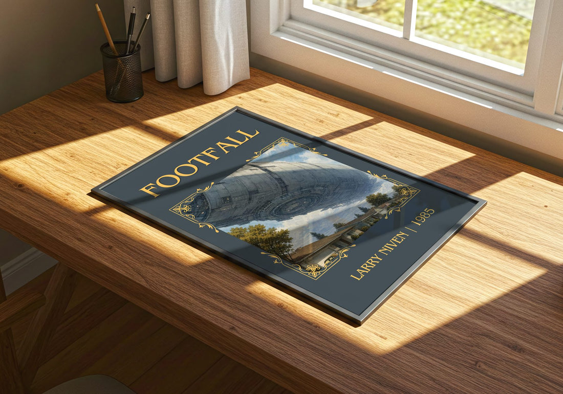 Footfall Classic Book Art Print by Larry Niven – print on a sunlit desk