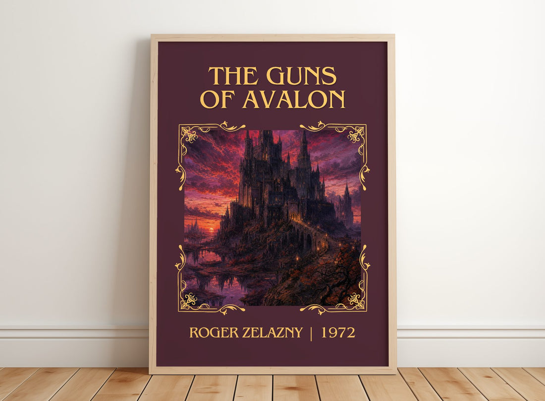 The Guns of Avalon Classic Book Art Print by Roger Zelazny – framed print leaning on a wooden floor