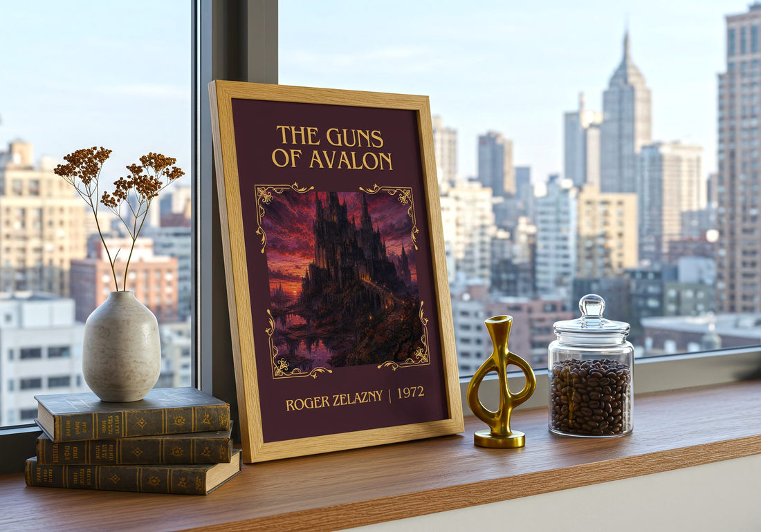 The Guns of Avalon Classic Book Art Print by Roger Zelazny – framed print on a city-view windowsill