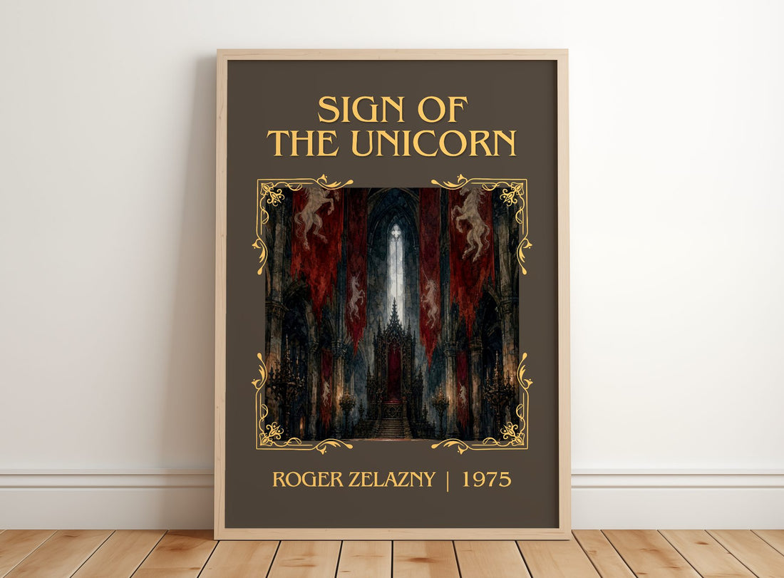 Sign of the Unicorn Classic Book Art Print by Roger Zelazny – framed print leaning on a wooden floor