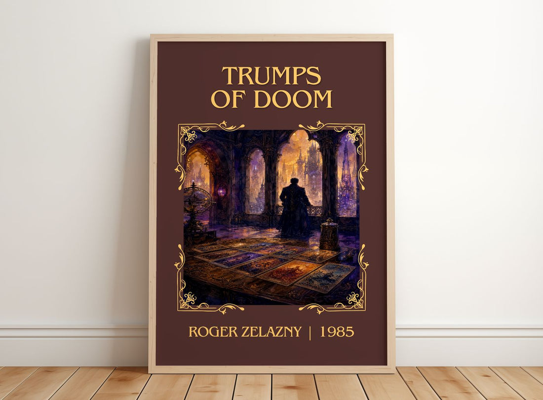 Trumps of Doom Classic Book Art Print by Roger Zelazny – framed print leaning on a wooden floor
