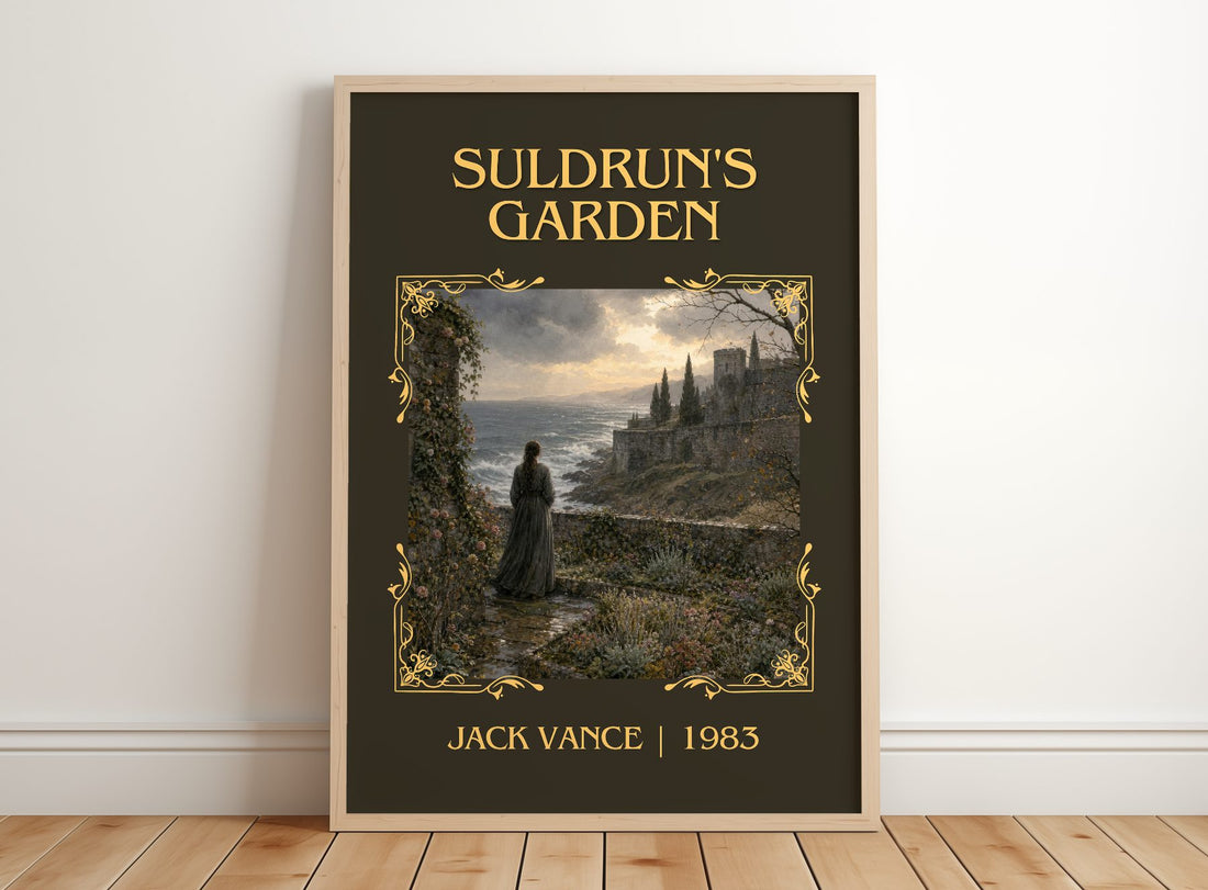 Suldrun's Garden Classic Book Art Print by Jack Vance – framed print leaning on a wooden floor