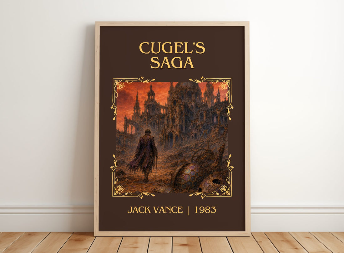 Cugel's Saga Classic Book Art Print by Jack Vance – framed print leaning on a wooden floor