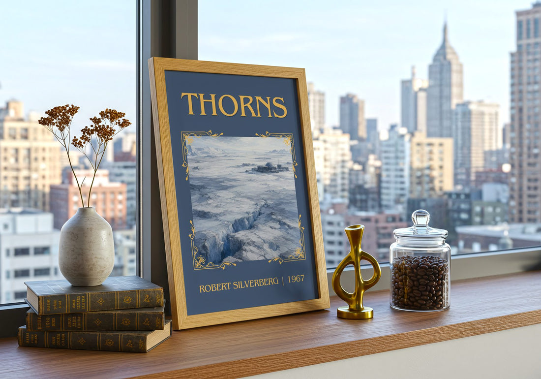 Thorns Classic Book Art Print by Robert Silverberg – framed print on a city-view windowsill