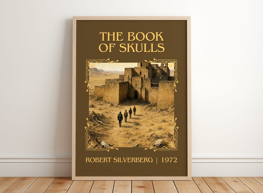 The Book of Skulls Classic Book Art Print by Robert Silverberg – framed print leaning on a wooden floor