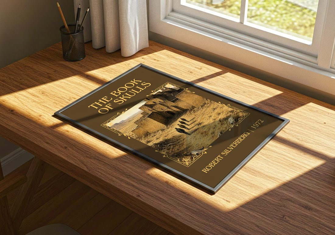 The Book of Skulls Classic Book Art Print by Robert Silverberg – print on a sunlit desk