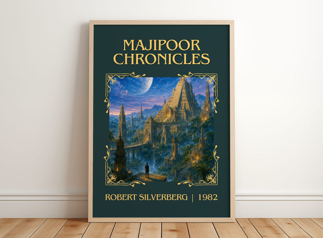 Majipoor Chronicles Classic Book Art Print by Robert Silverberg – framed print leaning on a wooden floor