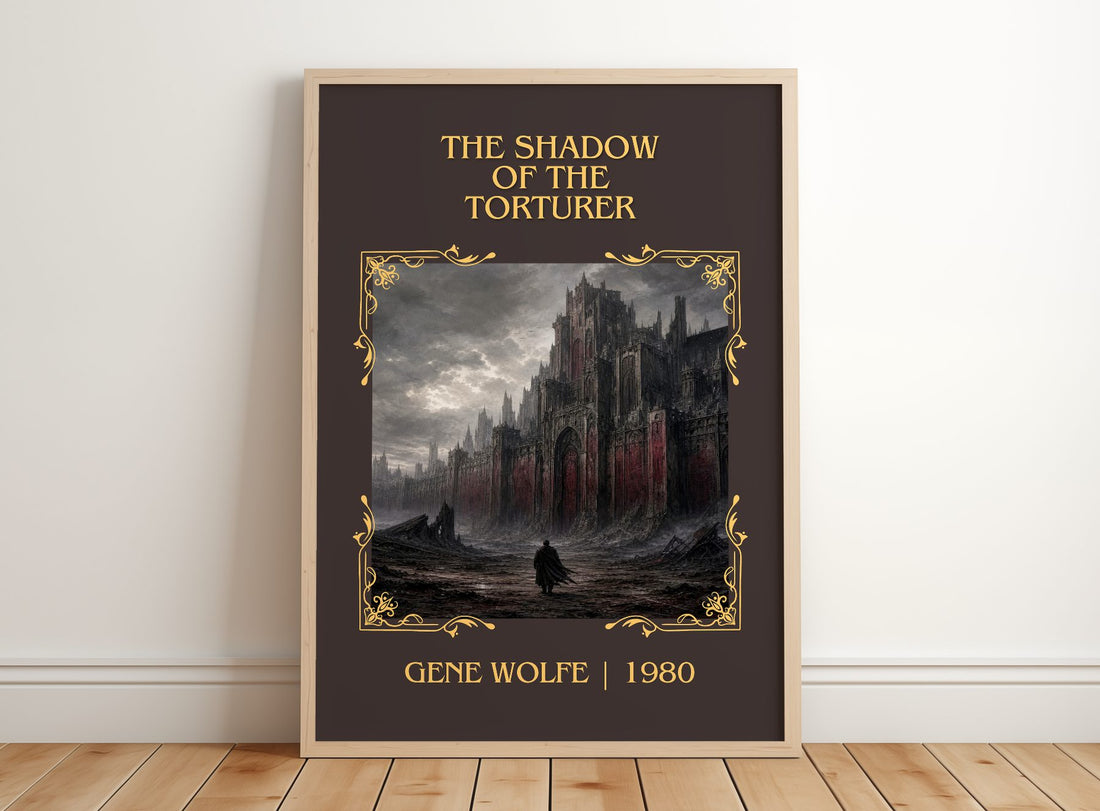 The Shadow of the Torturer Classic Book Art Print by Gene Wolfe – framed print leaning on a wooden floor