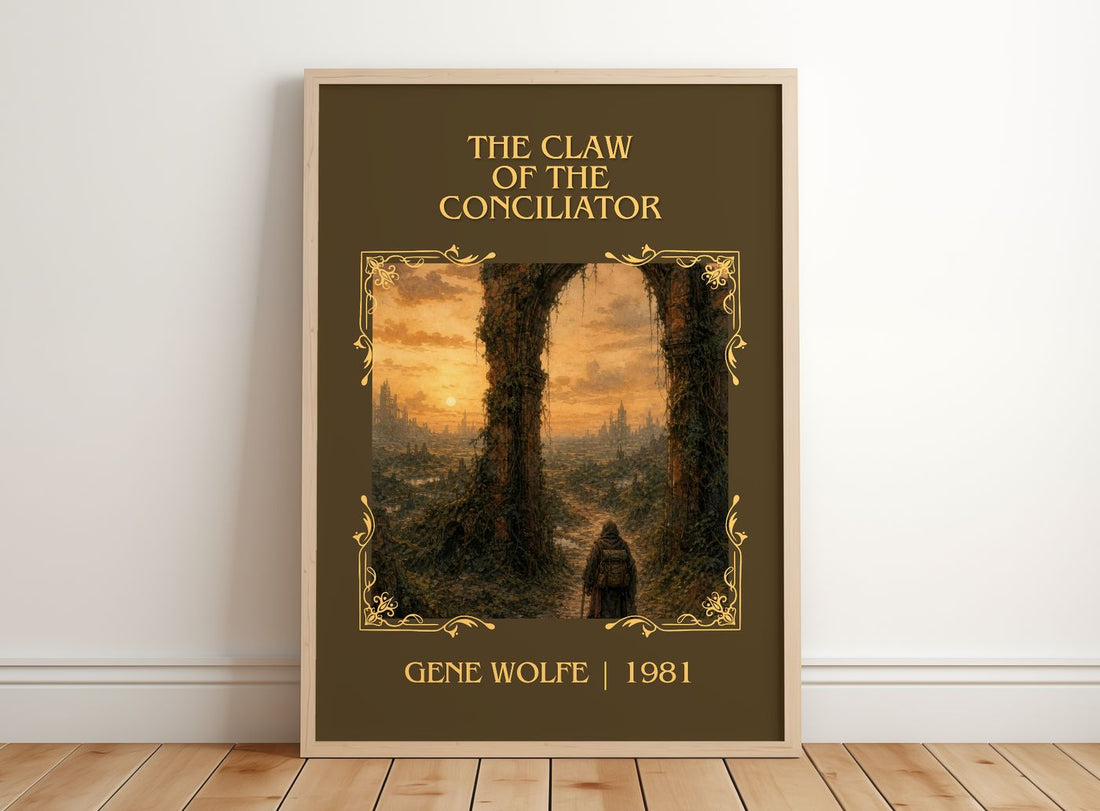 The Claw of the Conciliator Classic Book Art Print by Gene Wolfe – framed print leaning on a wooden floor