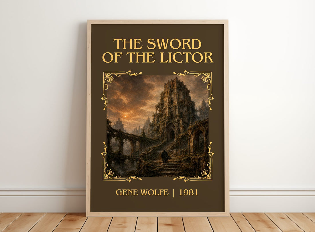 The Sword of the Lictor Classic Book Art Print by Gene Wolfe – framed print leaning on a wooden floor