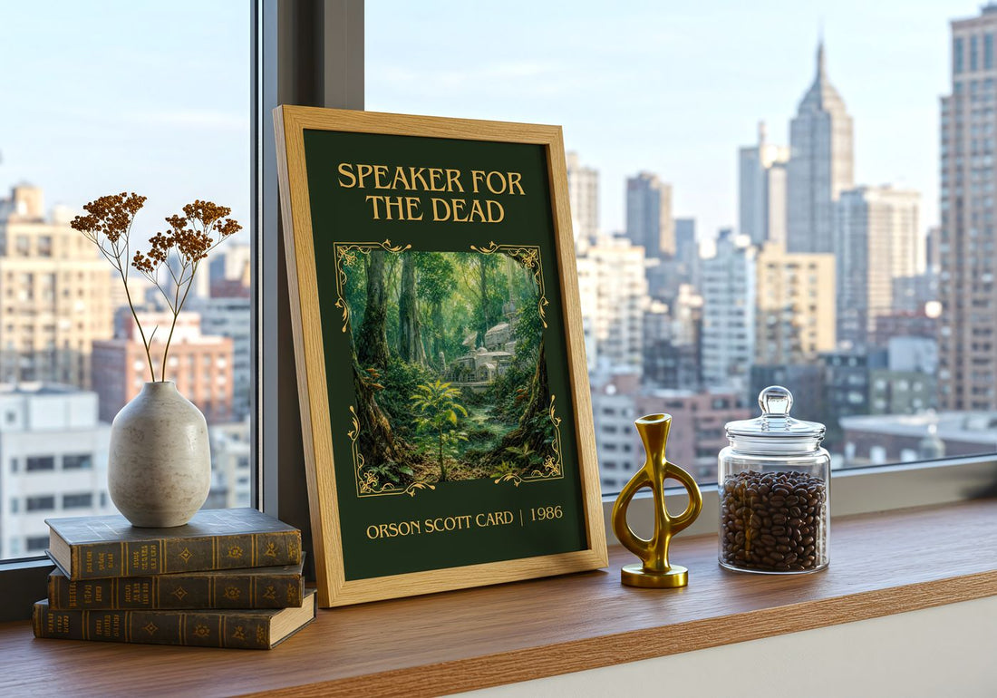 Speaker for the Dead Classic Book Art Print by Orson Scott Card – framed print on a city-view windowsill