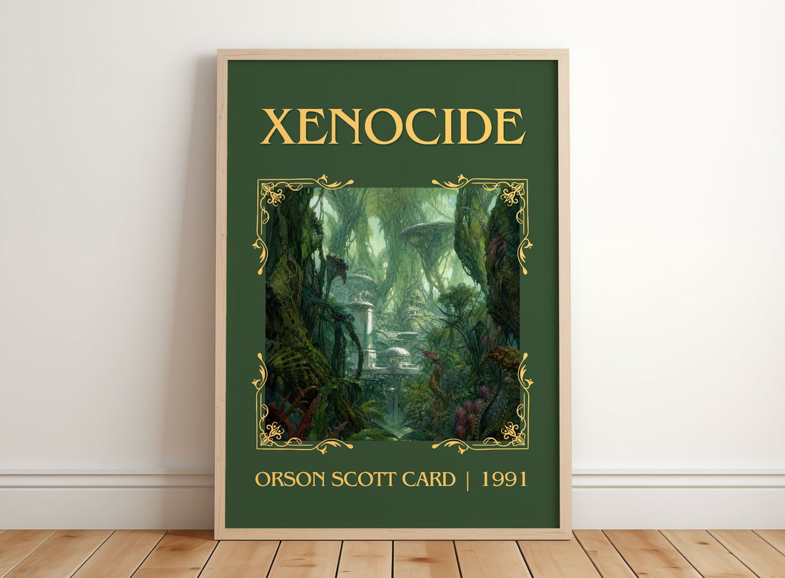 Xenocide Classic Book Art Print by Orson Scott Card – framed print leaning on a wooden floor