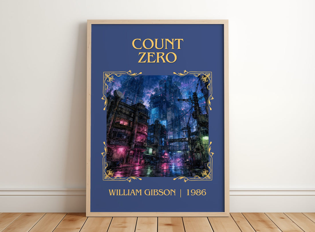 Count Zero Classic Book Art Print by William Gibson – framed print leaning on a wooden floor