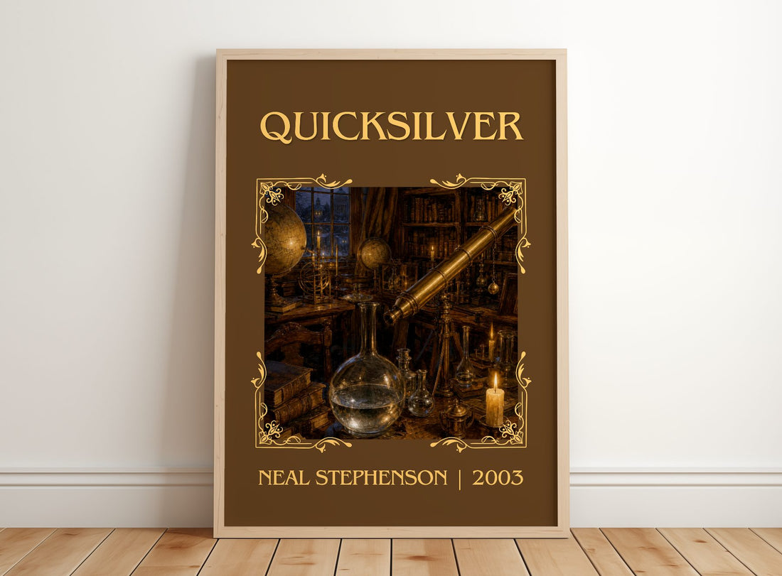Quicksilver Classic Book Art Print by Neal Stephenson – framed print leaning on a wooden floor