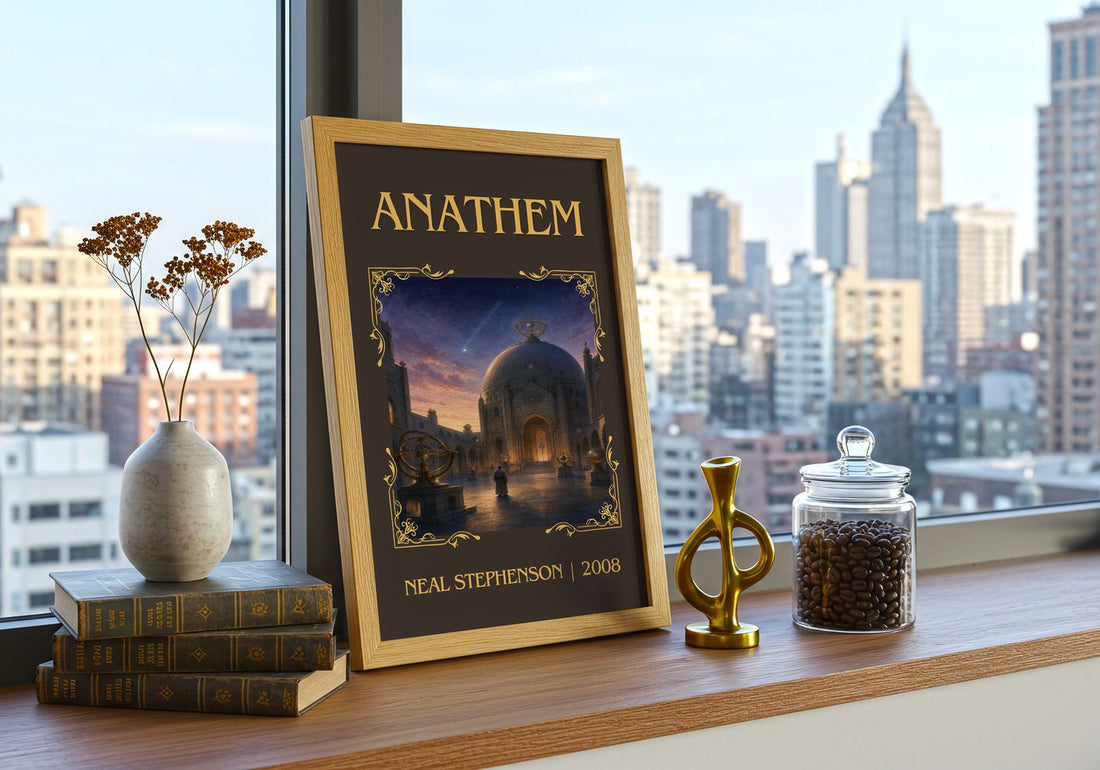 Anathem Classic Book Art Print by Neal Stephenson – framed print on a city-view windowsill