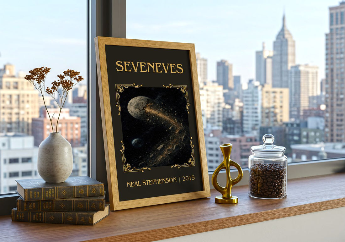 Seveneves Classic Book Art Print by Neal Stephenson – framed print on a city-view windowsill