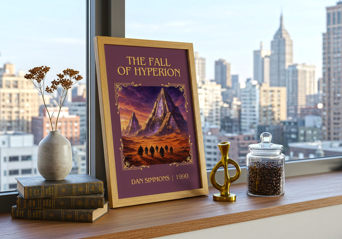 The Fall of Hyperion Classic Book Art Print by Dan Simmons – framed print on a city-view windowsill