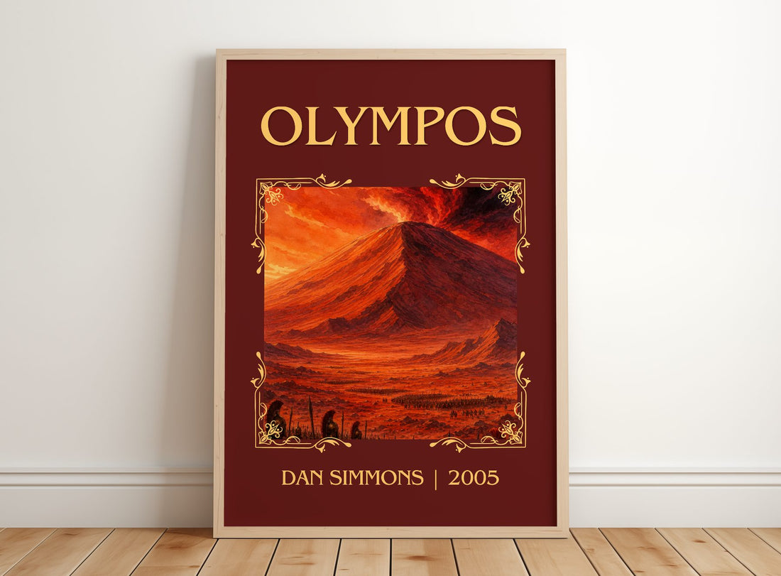 Olympos Classic Book Art Print by Dan Simmons – framed print leaning on a wooden floor