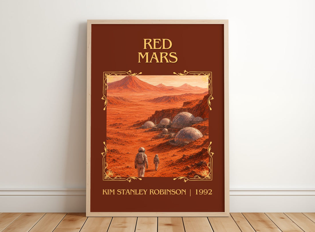 Red Mars Classic Book Art Print by Kim Stanley Robinson – framed print leaning on a wooden floor