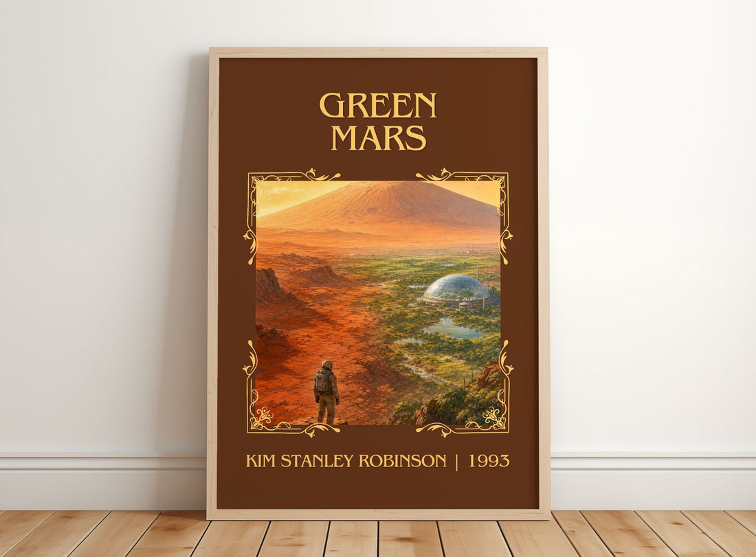Green Mars Classic Book Art Print by Kim Stanley Robinson – framed print leaning on a wooden floor