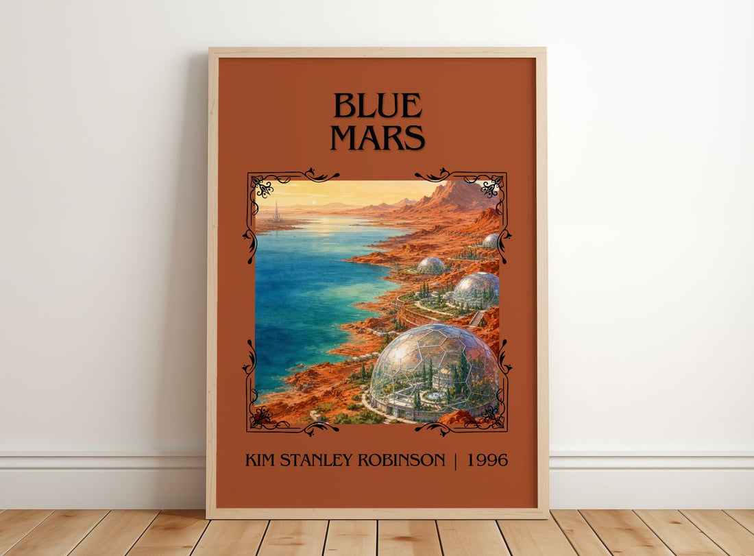 Blue Mars Classic Book Art Print by Kim Stanley Robinson – framed print leaning on a wooden floor