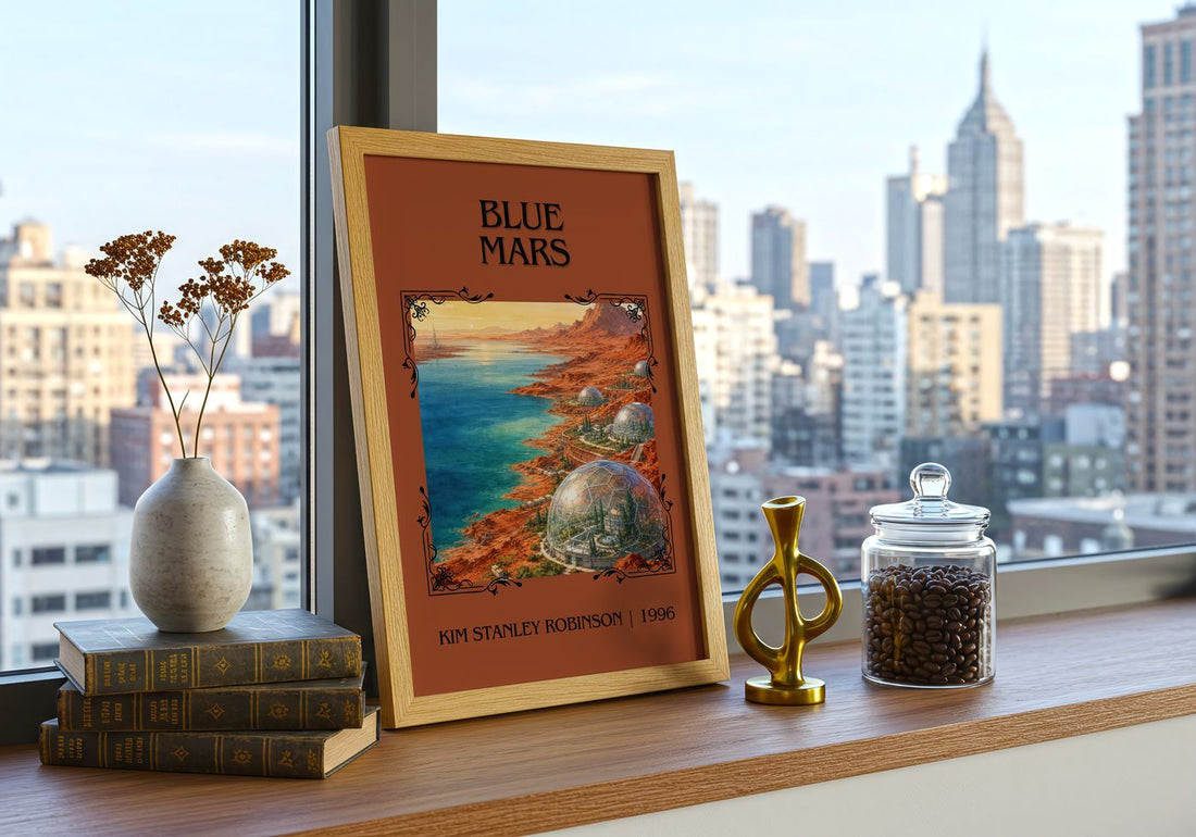 Blue Mars Classic Book Art Print by Kim Stanley Robinson – framed print on a city-view windowsill