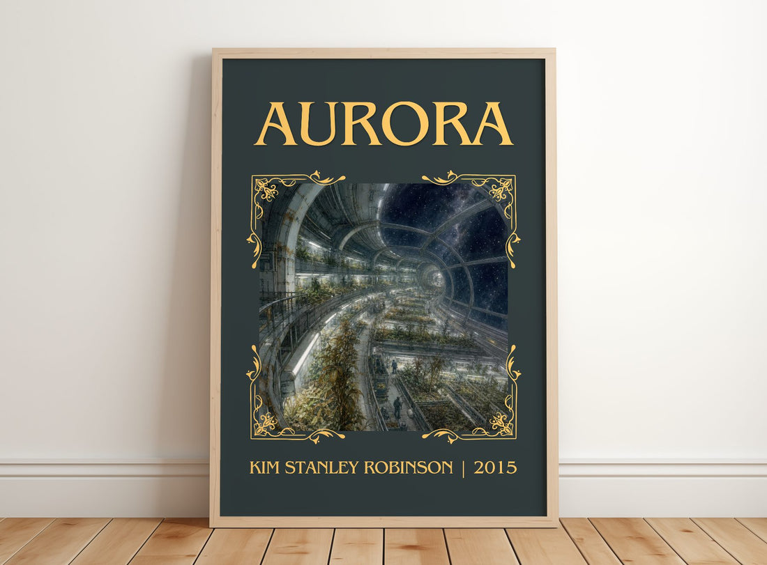 Aurora Classic Book Art Print by Kim Stanley Robinson – framed print leaning on a wooden floor
