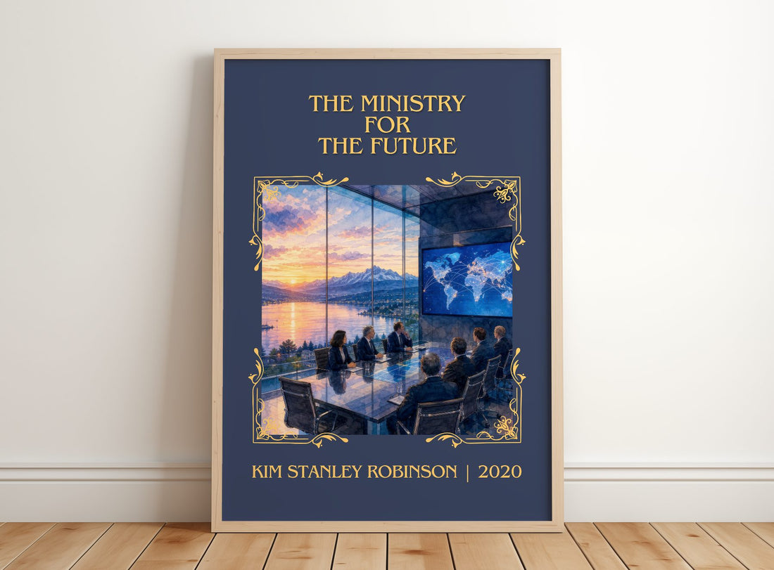 Ministry for the Future Classic Book Art Print by Kim Stanley Robinson – framed print leaning on a wooden floor