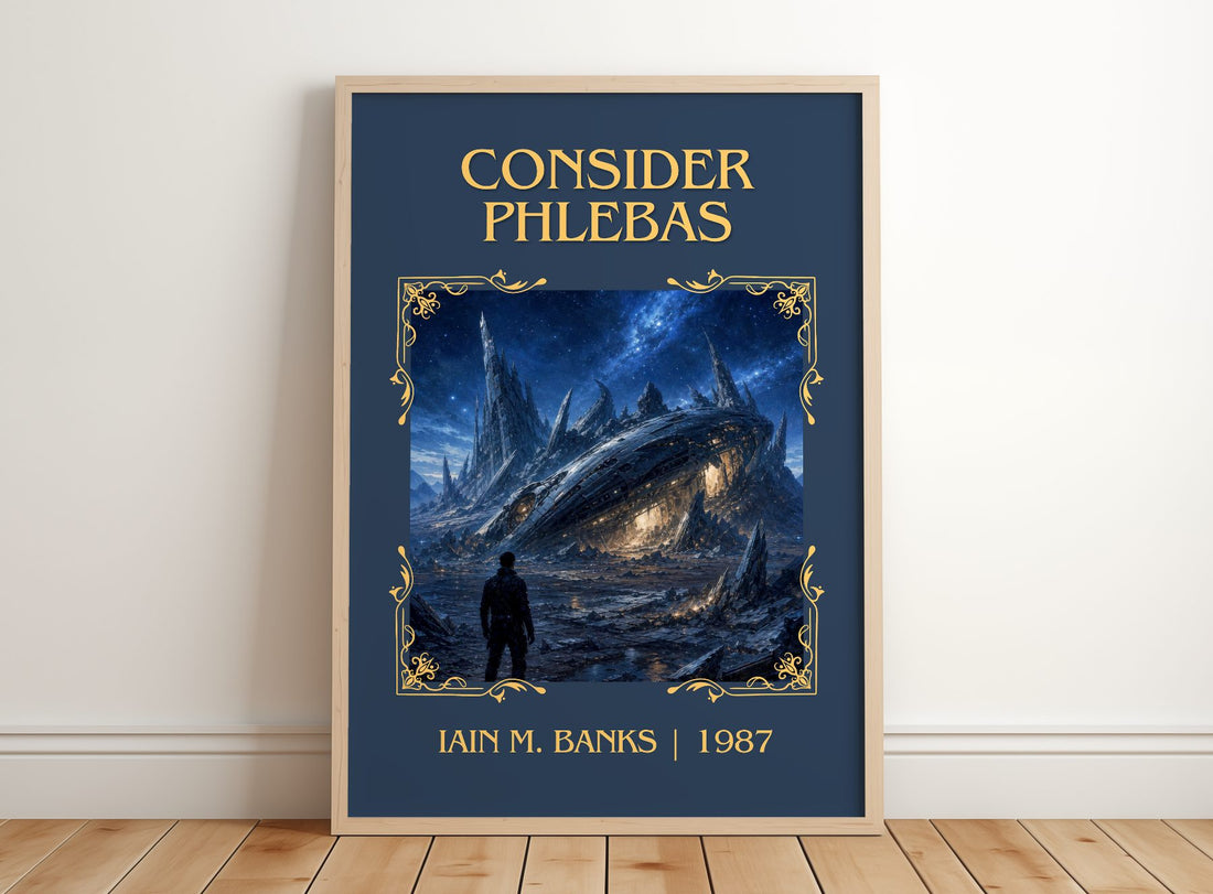 Consider Phlebas Classic Book Art Print by Iain M. Banks – framed print leaning on a wooden floor